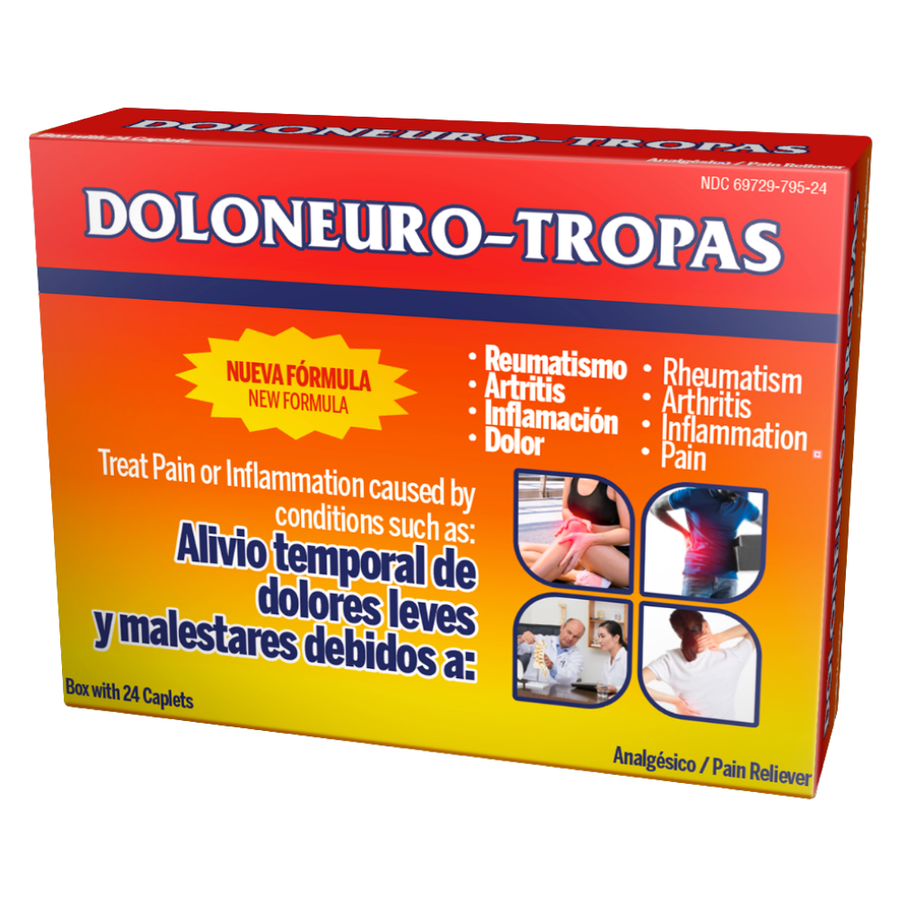 Doloneuro-Tropas box of 24 caplets, Acetaminophen 500mg + Caffeine 65mg pain reliever, new formula